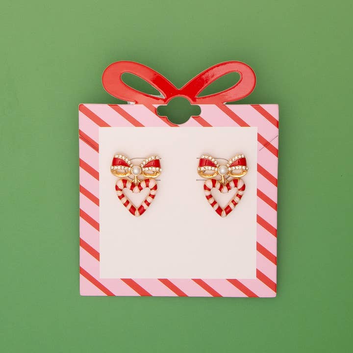 SP Sophia Collection - Wholesale Stud/Post Earrings - Christmas Striped Candy Enamel Bowed Heart Post Earrings2