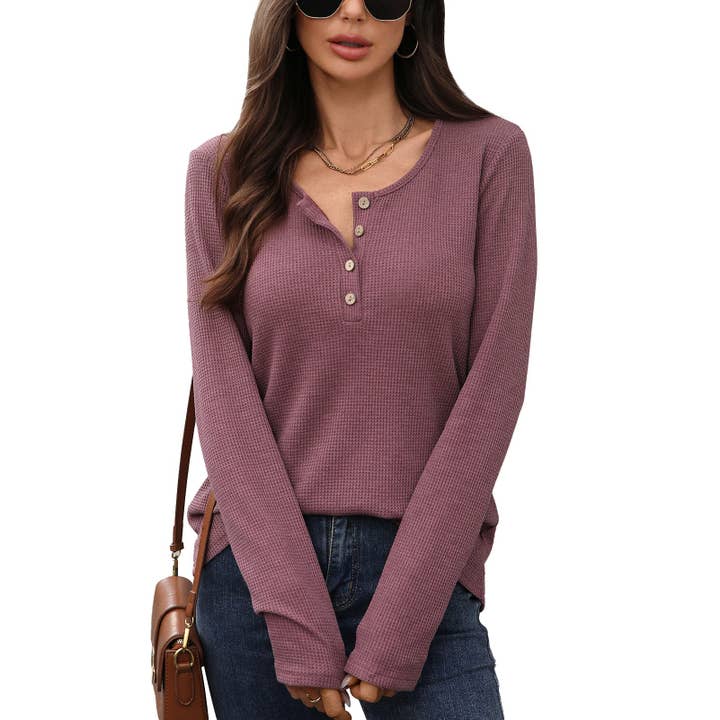 Masyal - Wholesale T-Shirt - Women's - Women's Solid Color Round Neck Button Long Sleeve T-Shirt1