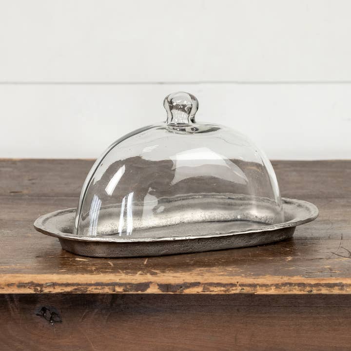 FUENTE OVALADA DE PELTRE DE 13,75" CON CAMPANA DE VIDRIO para venta al por mayor de Ragon House