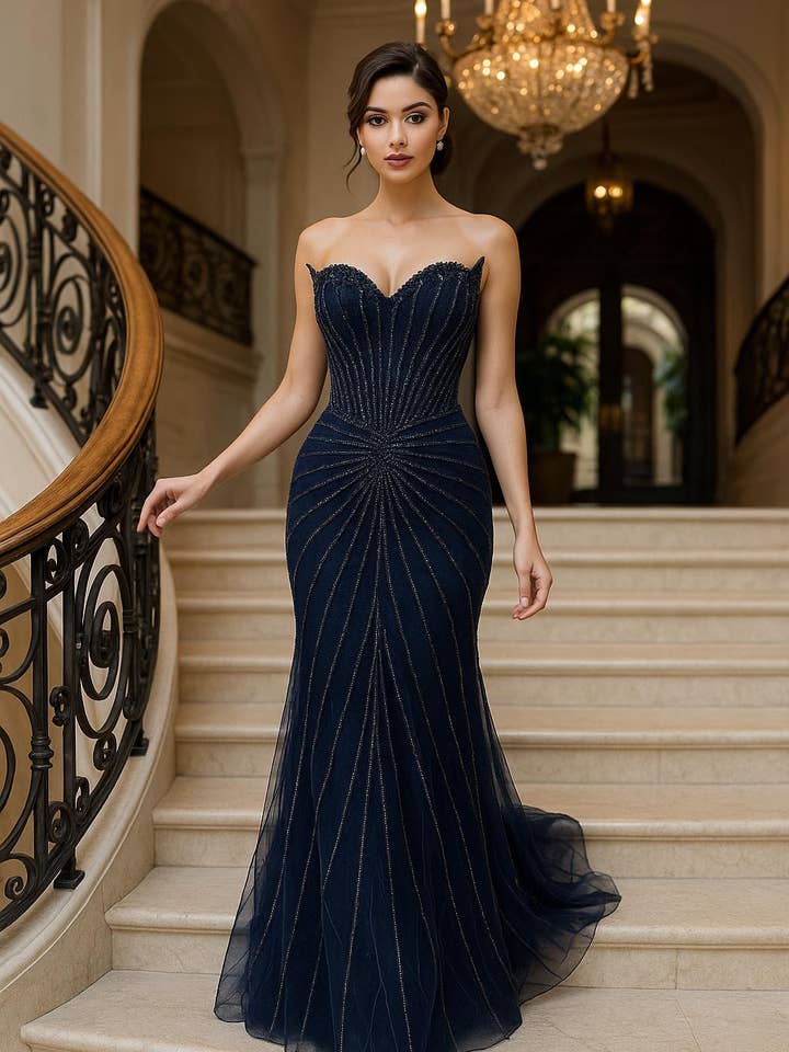 La Veneto - Wholesale Dress - Women's - Sweetheart strapless neckline, beaded motif3