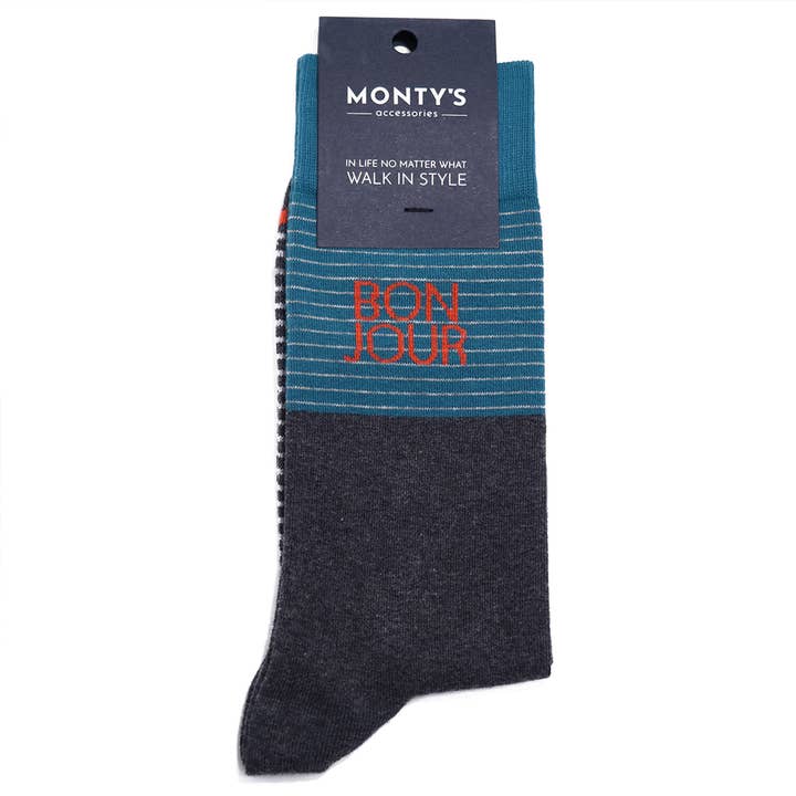Men's classic cotton crew socks. Contrast colours 'Bonjour' for wholesale by Monty's Accessories