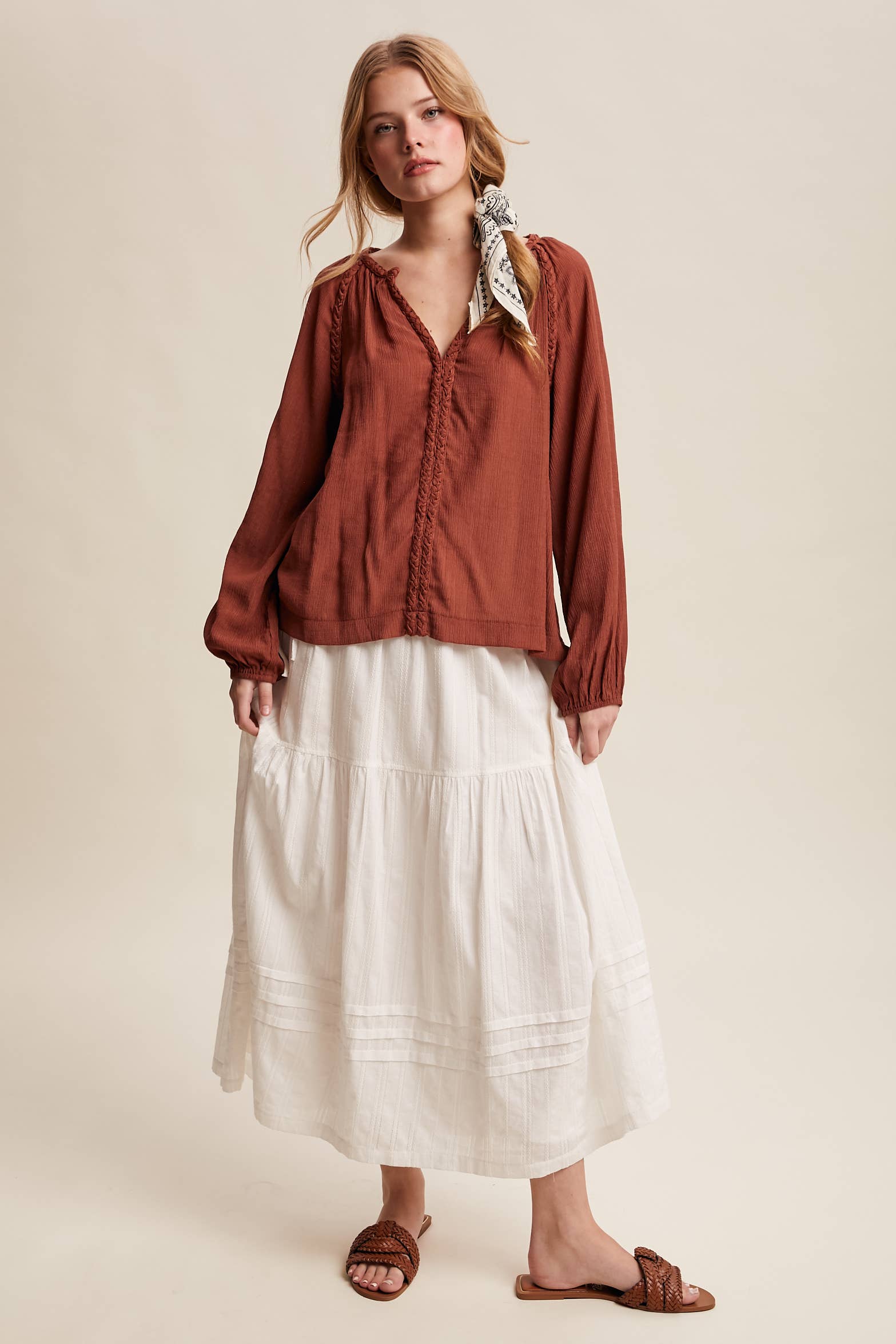 Listicle - Wholesale Blouse - Women's - Braided Trim Peasant Blouse LT144723