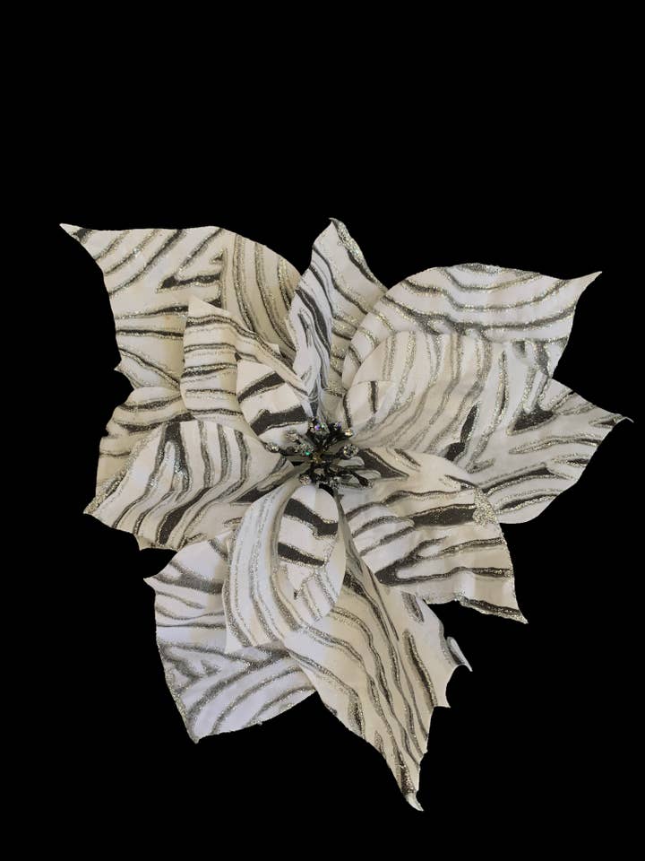 Zebra Patterned Poinsettia Ornament clip on for wholesale by Africa And Beyond Art Gallery