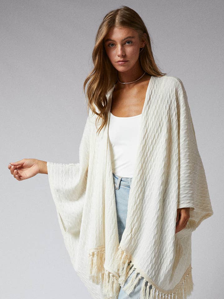 3/4 Sleeve Open Front Fringe Hem Cardigan for wholesale by Cerule