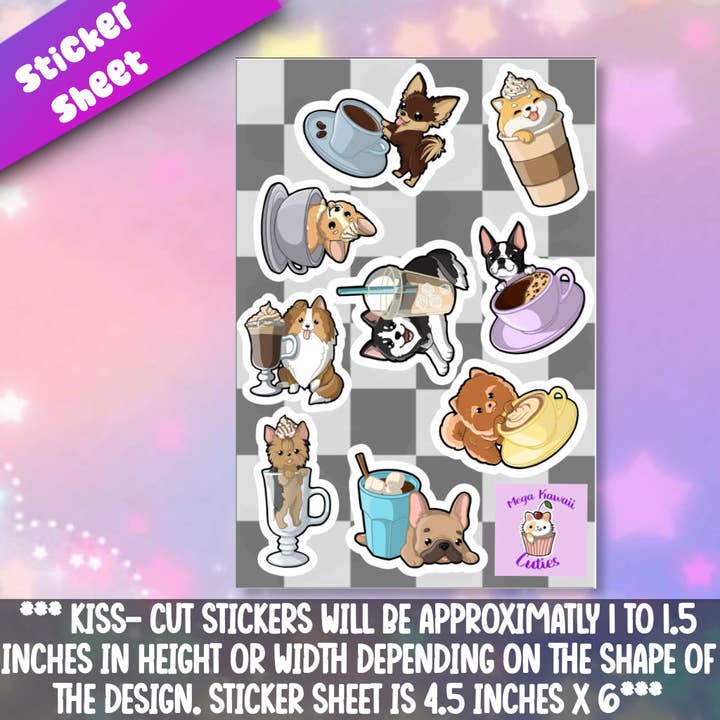 Koffiehond Stickervel voor wholesale door Mega Kawaii Cuties