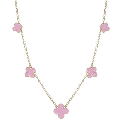 Collana con trifoglio smaltato rosa su catena in oro 40,6 cm - 45,6 cm per la vendita all'ingrosso da parte di What's Hot