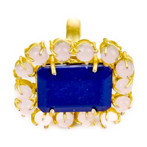 Ring, 22k Gold Plated, Brass Lapis Lazuli, Rose Quartz for wholesale by Mara Blak - Hidden Gems
