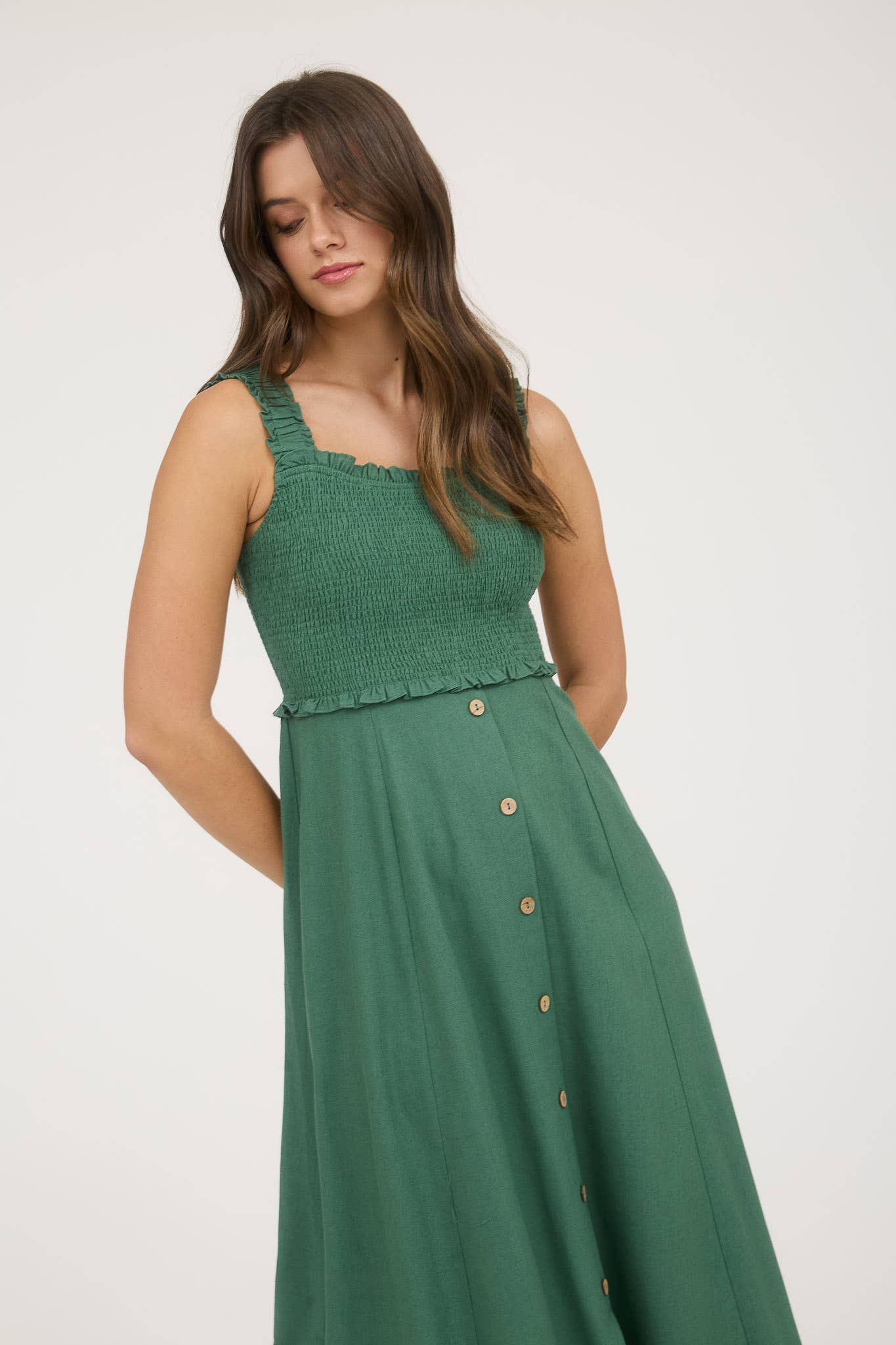 Blu Pepper - Wholesale Jurk - Dames - MIDI-JURK MET SMOCKWERK, MOUWLOOS EN KNOOPSLUITING10