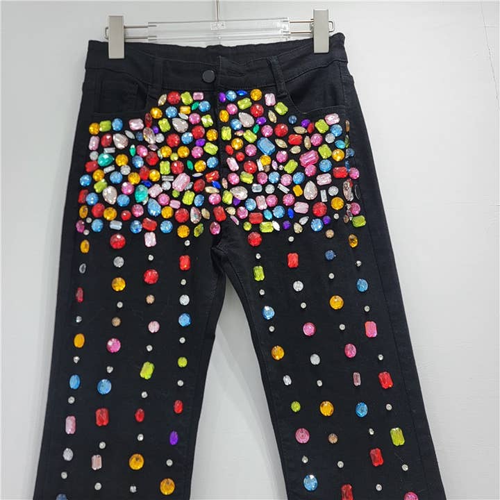 Black PT020Y Hand made-Beaded High Waist Flare Jeans for wholesale on Faire