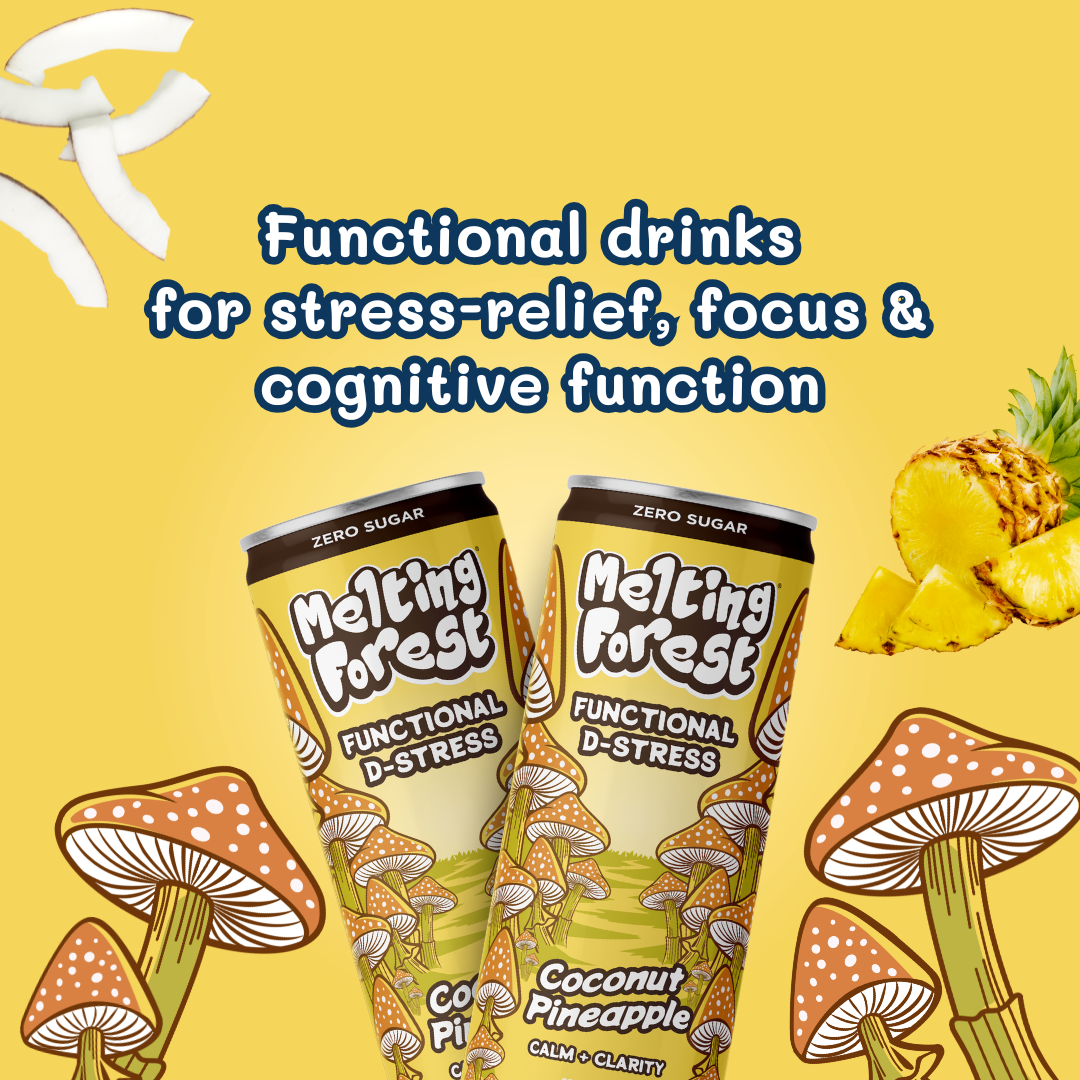 Melting Forest - Vente Eau gazeuse - Boisson aux champignons pour soulagement du stress - Noix de coco et ananas3