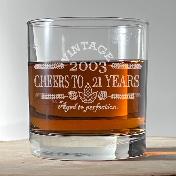 21st Birthday Whiskey Glass Gift for Men (11 oz, 1 Count) for wholesale by On The Rox Drinks