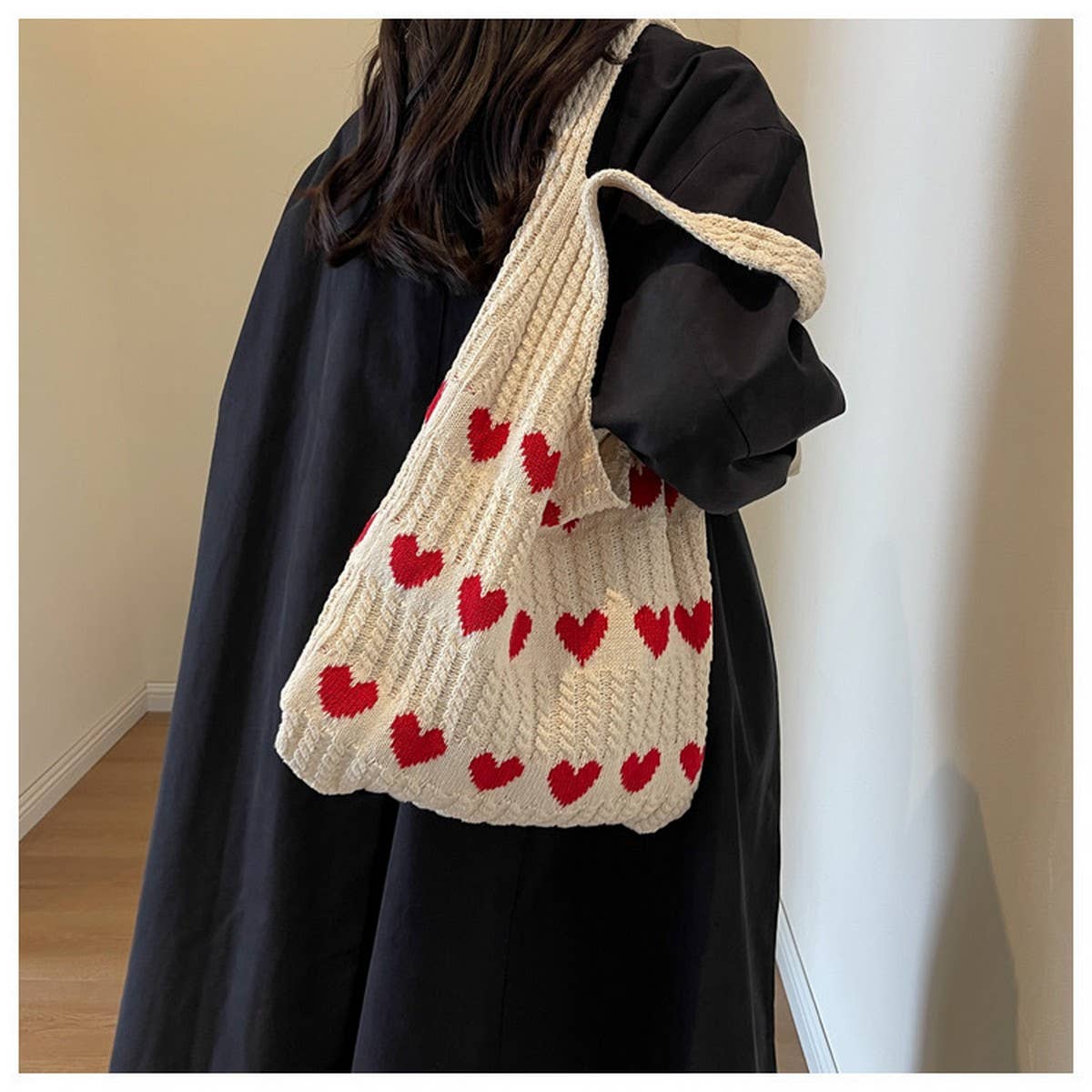 NINEXIS - Wholesale Tote Bag - Women's - CWAB4569_HEART PATTERN KNITTED LARGE CAPACITY TOTE BAG7