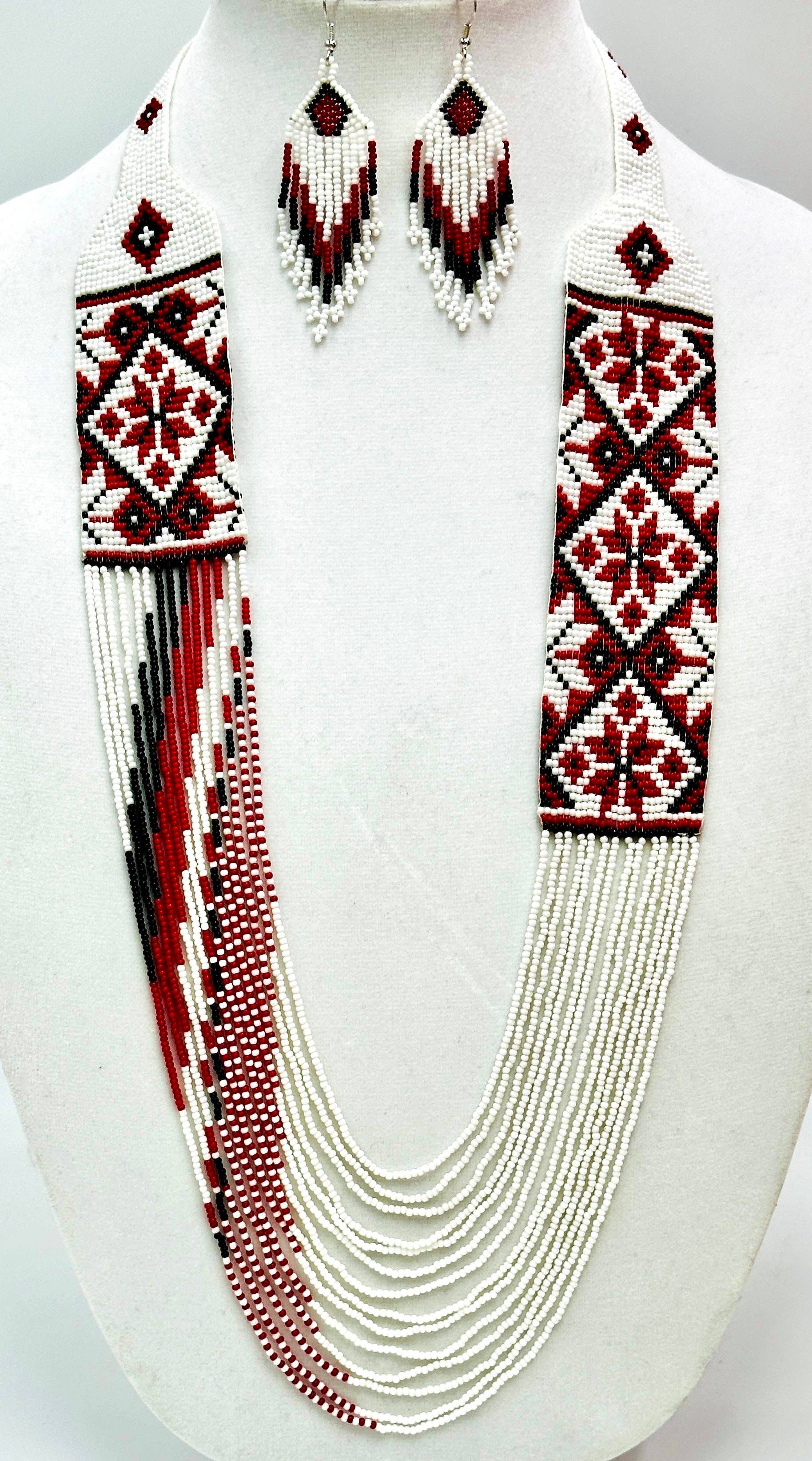 BEADS CORNER - Wholesale Jewelry Set - Handmade Beaded Necklace and Earring Set – Red, White & Black Tribal Pattern4