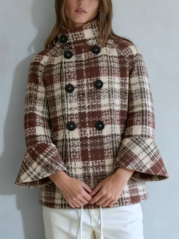 Checkered Retro Plaid Check Stand Collar Button Jacket for wholesale on Faire1