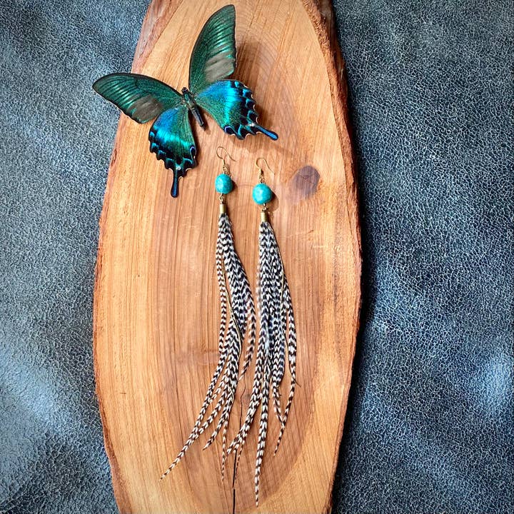Turquoise & Long Feather Earrings - Grizzly, Boho Western for wholesale by ASTALI
