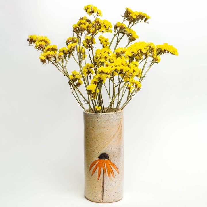 Orange Cone Flower Design Handmade in Ohio Ceramic Vase for wholesale by White Squirrel Clayworks