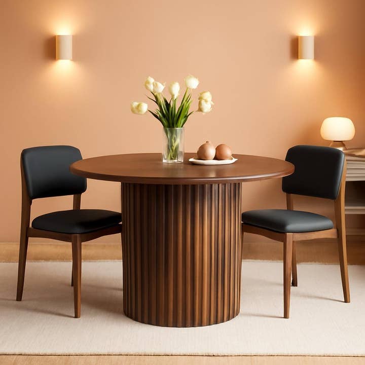 Round Walnut Dining Table 47 Inch With Wood Strip Base for wholesale on Faire