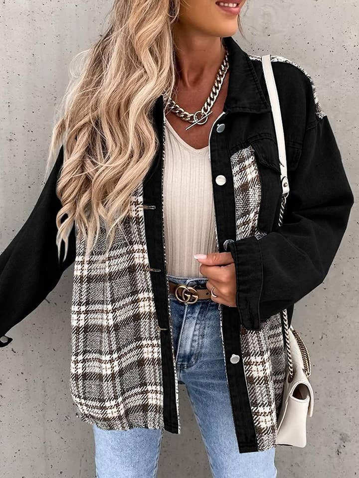 HIDDENBRAND - Wholesale Shirt Jacket/Shacket - Women's - Denim Plaid Buttoned Shacket