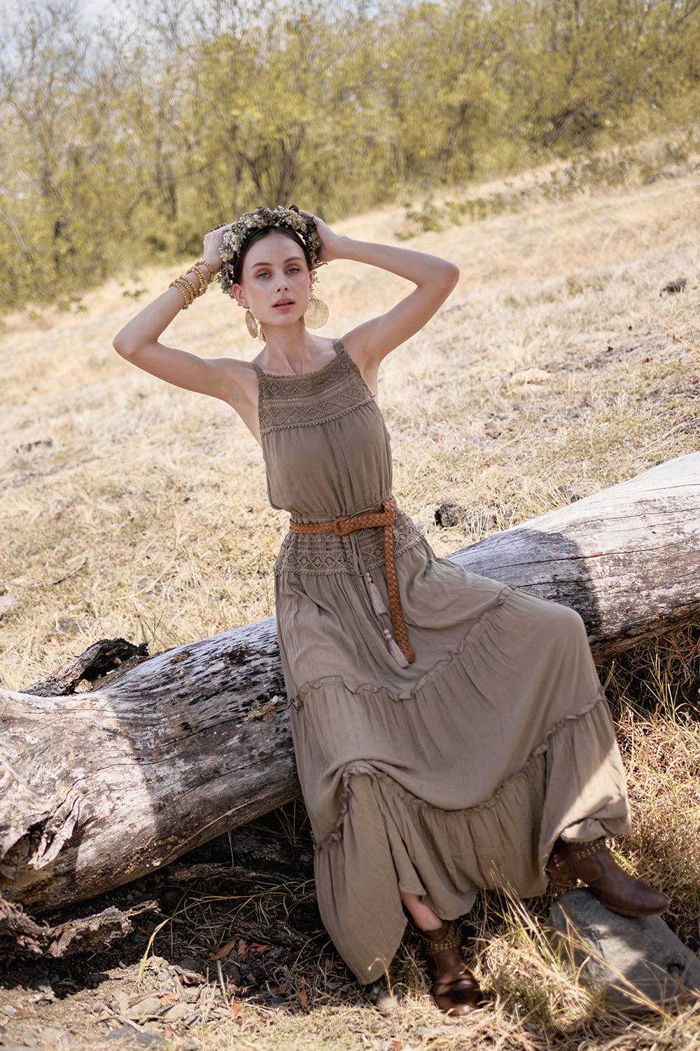 Chloe Halter Maxi Frill Dress - Desert Sand for wholesale on Faire7