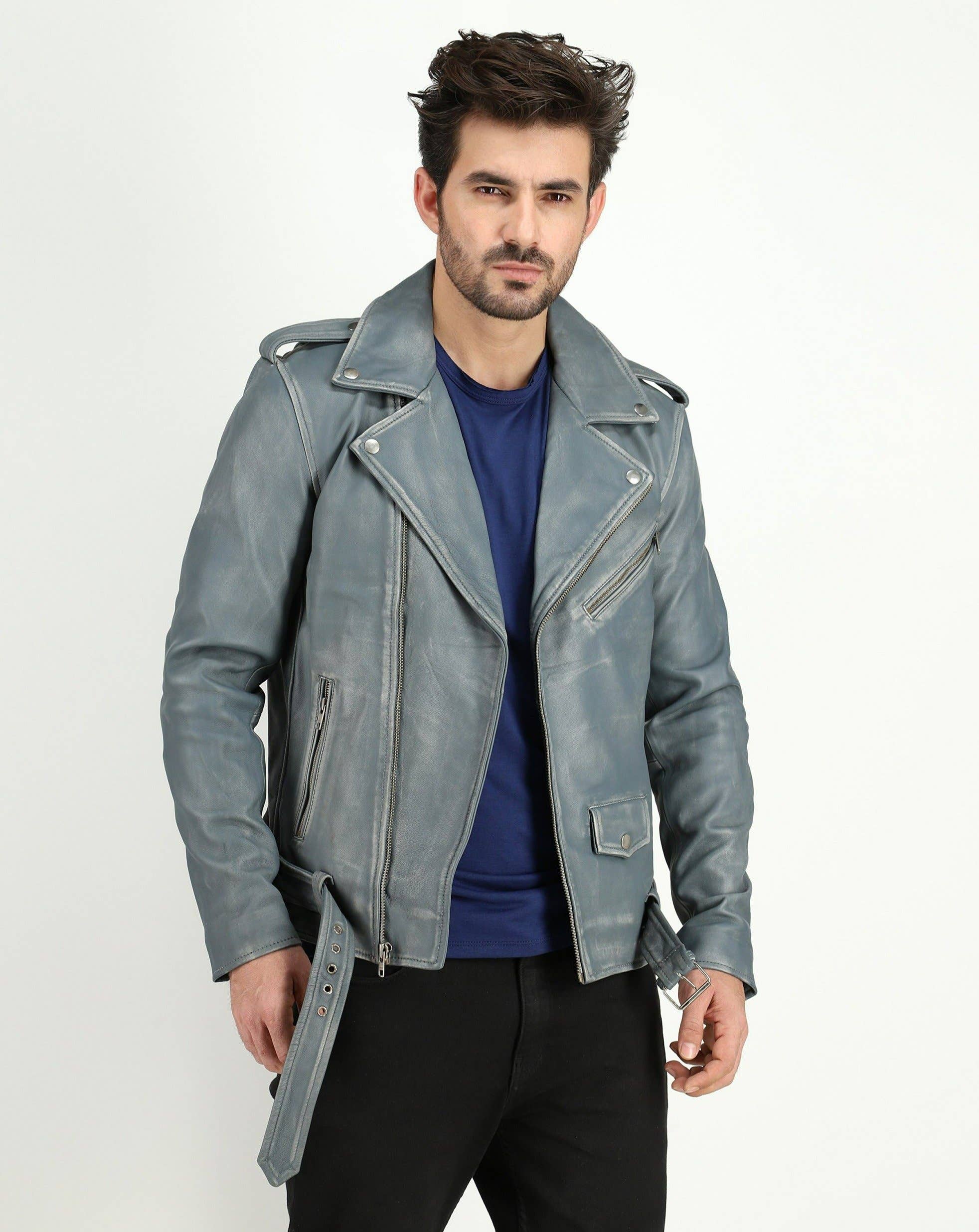 Men's Cowhide Dual Tone Gray Motorcycle Style Leather Jacket for wholesale on Faire0