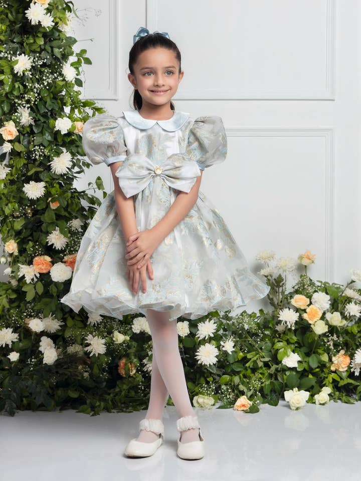 Anna Blue Dress | Girls Party Dress with Satin Collar & Bow for wholesale by TheBeanWalk