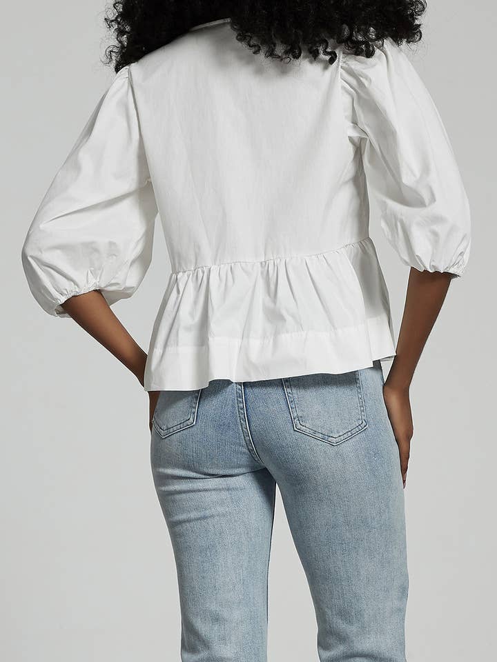 White Elowyn bow tie front round neck Bubble puff sleeve blouse for wholesale on Faire1