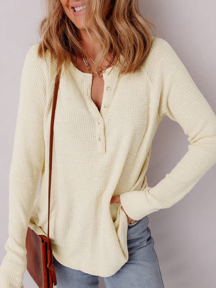 Havermout Textuur Gebreide Halve Knopen Henley Top voor wholesale door Lovesoft