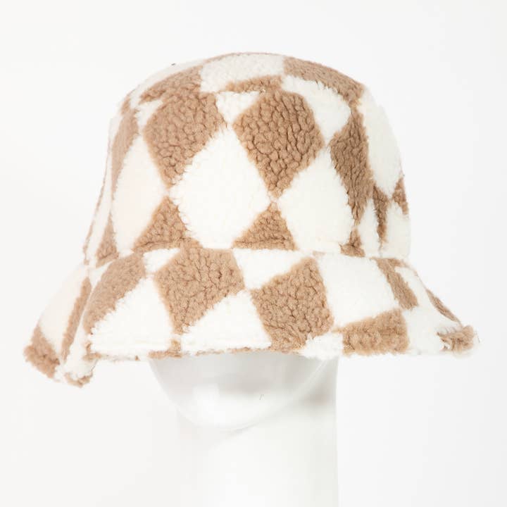 Collections by Fame Accessories - Wholesale Bucket Hat - Women's - Checkered Print Sherpa Bucket Hat0