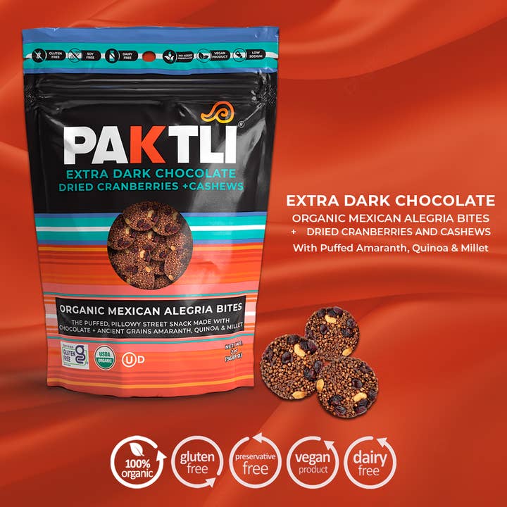 NEW Extra Dark Chocolate Alegria Bites+ Cranberries/Cashews for wholesale by Paktli Foods