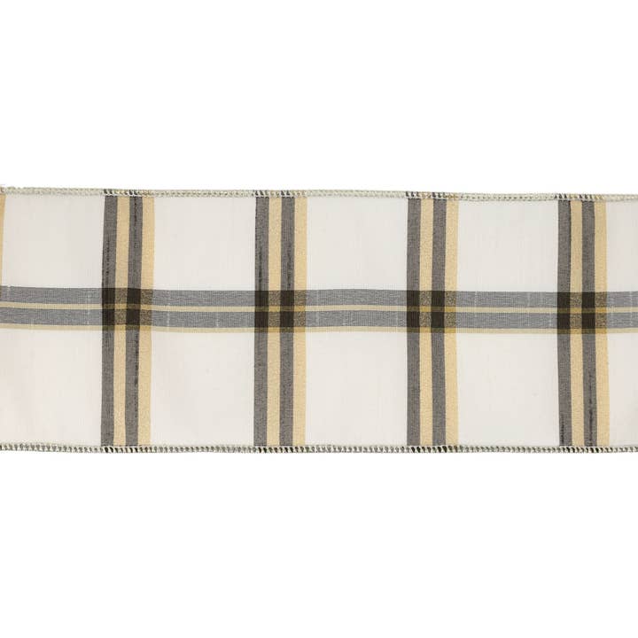 LA Ribbons Wholesale - Wholesale Ribbon - Gift Wrapping - 4" Wired Ribbon | Ivory/Black/Gold Plaid | 10 Yard Roll