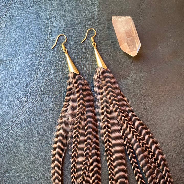 ASTALI - Wholesale Tassel Earrings - Long Feather & Cone Earrings - Coral Grizzly/Gold, Western5