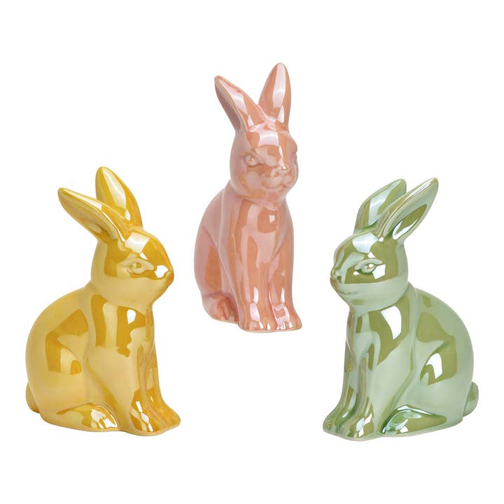 Rabbit glossy porcelain, set of 3, Yellow/Pink/Green (W/H/D) 9x13x5cm for wholesale by Wurm