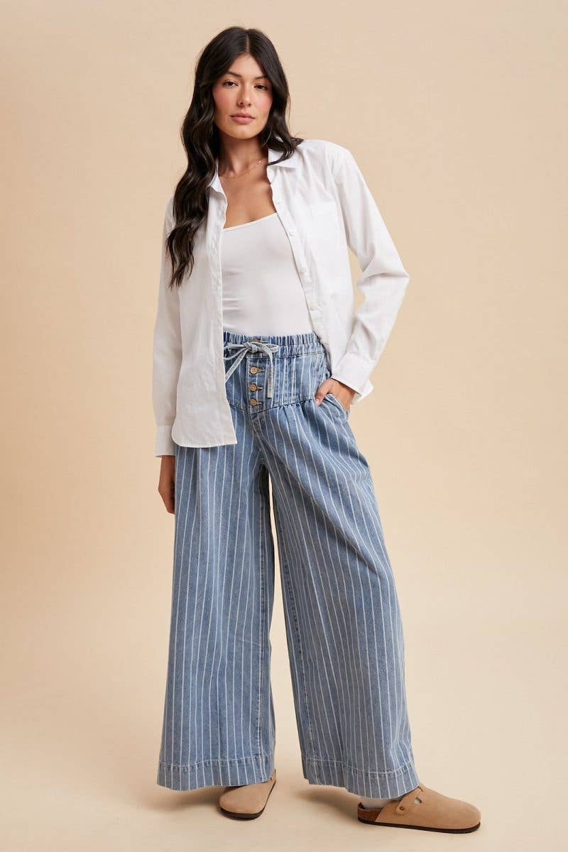 Striped Denim Pin Tuck Detail Wide Leg Pants for wholesale on Faire4
