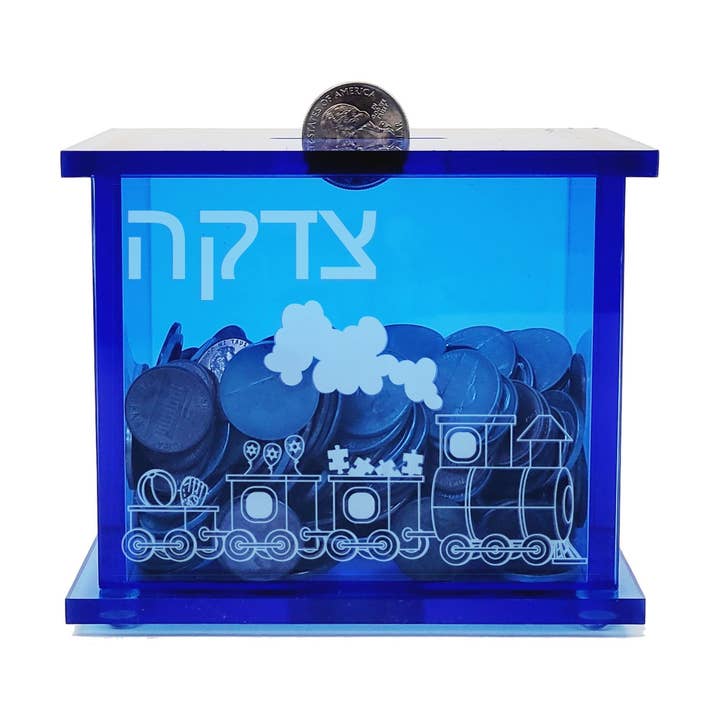Scatola Tzedakah, Design Treno, Acrilico Blu, 4" H per la vendita all'ingrosso da parte di Rite lite