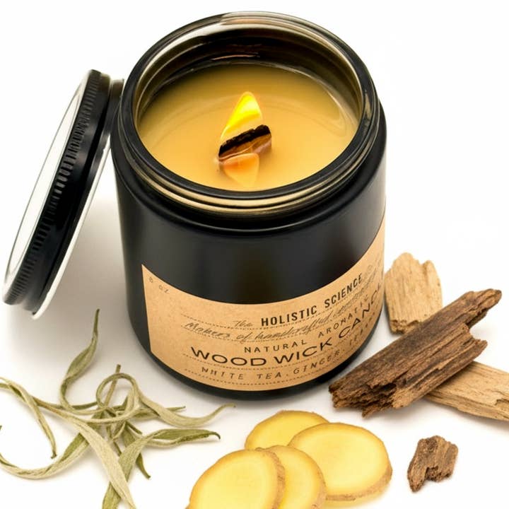 Aromatic Wood Wick Candle: White Tea. Ginger. Teakwood. for wholesale by The Holistic Science Co.®