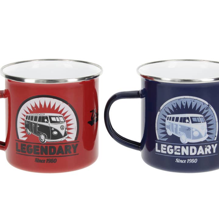 VW Collection by BRISA – wholesale Coffee mug – VW Bus Enamel Home Outdoor Travel Mug 2-pc Set 350ml – RD/BL