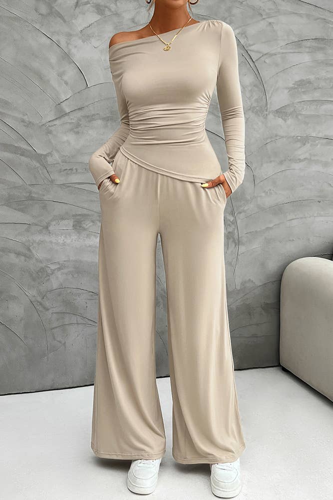 UNISHE - Wholesale Top & Pant Set (NOT Loungewear) - Women's - Casual Elegance Long Sleeve Top and Wide Leg Pants Set DY1756