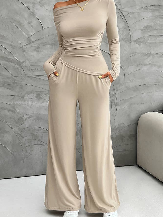 UNISHE - Wholesale Top & Pant Set (NOT Loungewear) - Women's - Casual Elegance Long Sleeve Top and Wide Leg Pants Set DY1756