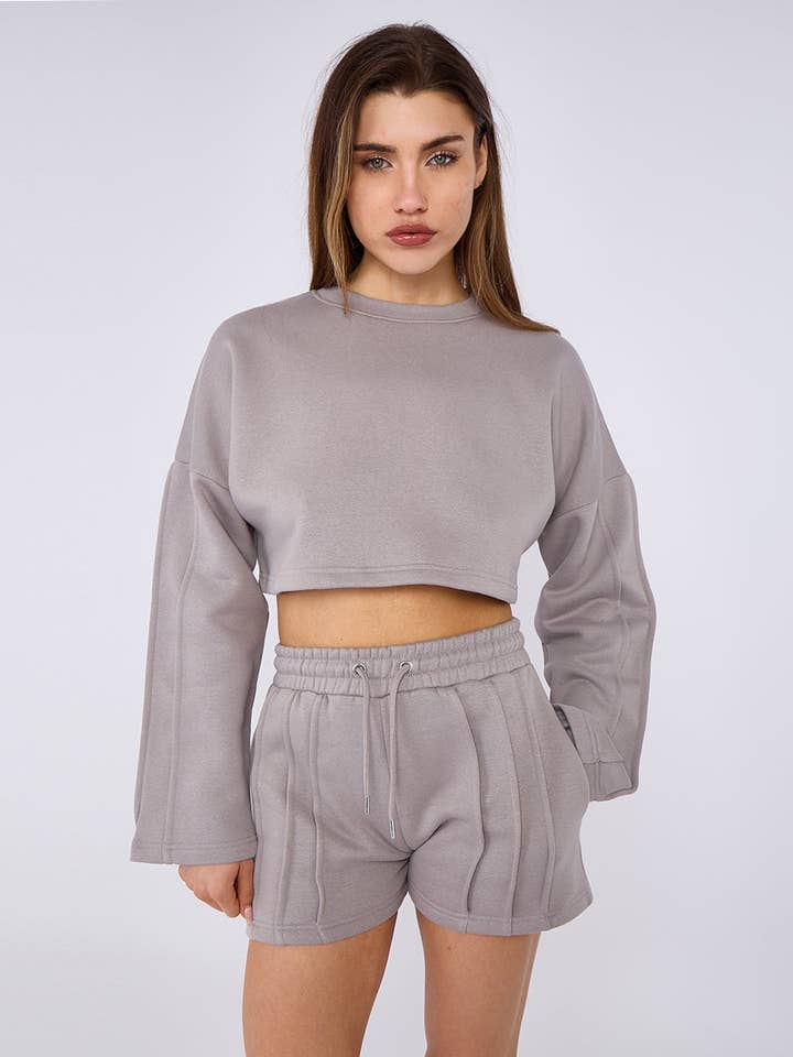 AX Labels - Wholesale Lounge Set - Women's - Seam Detail Oversized Crop Top & Shorts Fleece Co-ord39