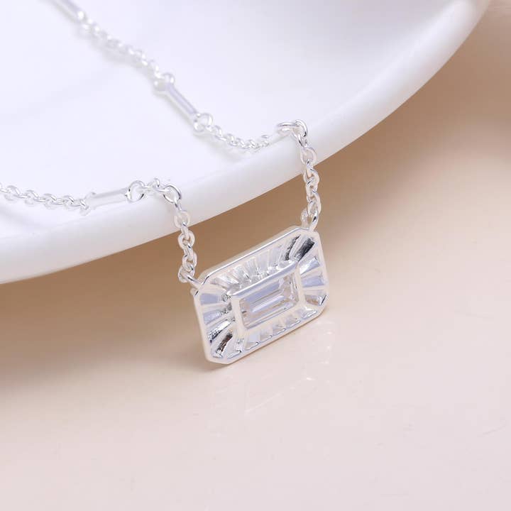 The Crystal Baguette: Art Deco Fluted Halo Necklace for wholesale by AG 925 JEWELLERY