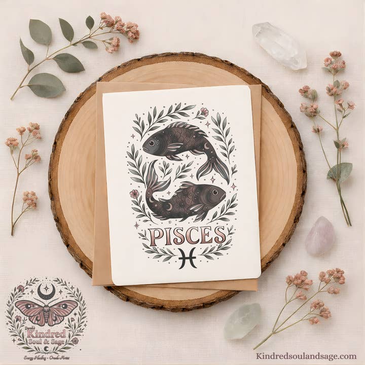 Pisces Zodiac Greeting Card – Mystical Boho Twin Fish Illustration – Kindred Soul & Sage for wholesale by Doroh's Kindred Soul and Sage