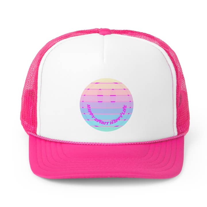 Hat Happy Spirit Happy Life, Aesthetic Retro Sunset Hat, Smile Tumblr Hat, Vsco Girl Trendy Pink Hat, Pink Graphic Trucker Hat, Baseball Hat for wholesale by Happy Life Stuff