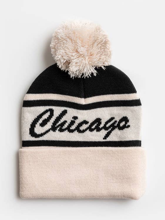 Youth Mad Hatter Chicago Pom Beanie - Black Script for wholesale by Alice & Wonder