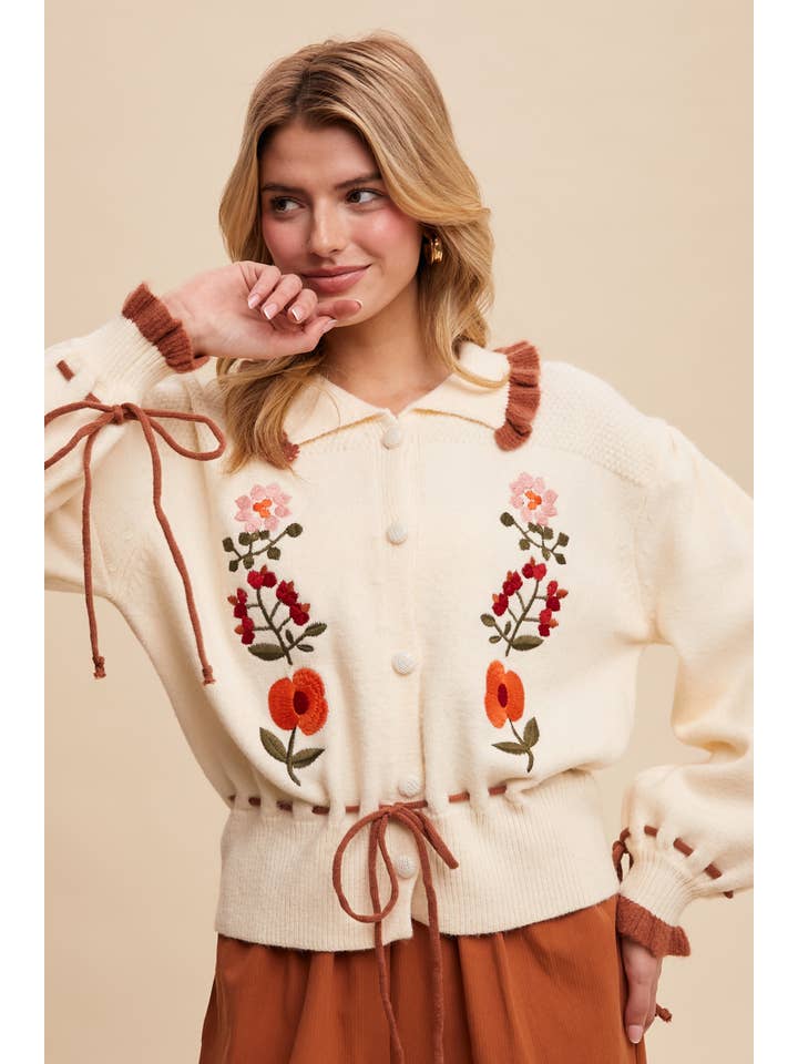 Listicle – Engroshandel Cardigan - Dame – Blomstret broderet strikket cardigan sweater