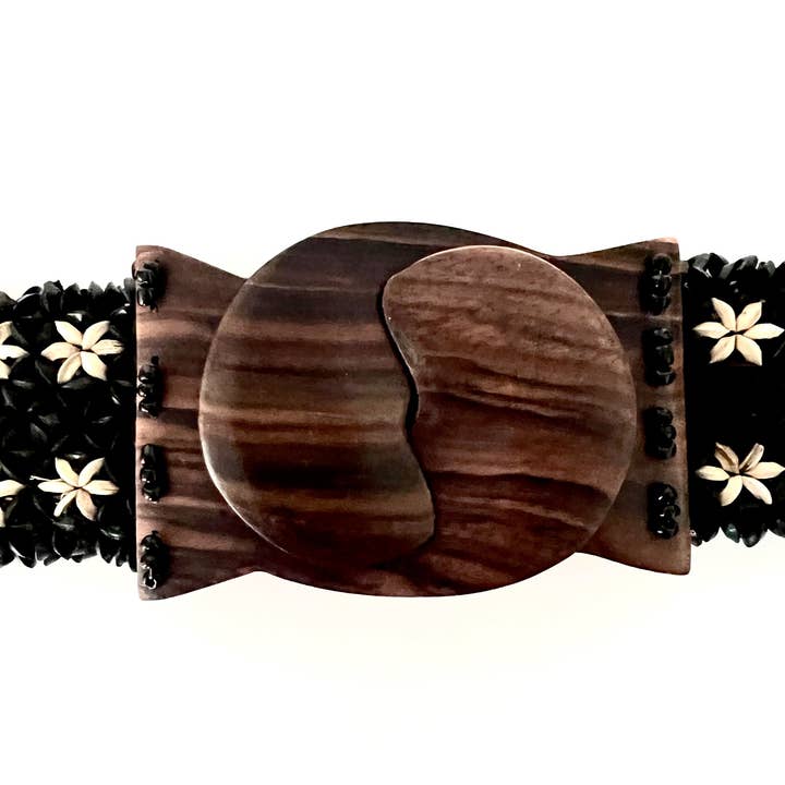 Erik & Mike - Wholesale Belt - Women's - Coco Bead Stretch Belt w/ Wood Buckle, Black with cream1