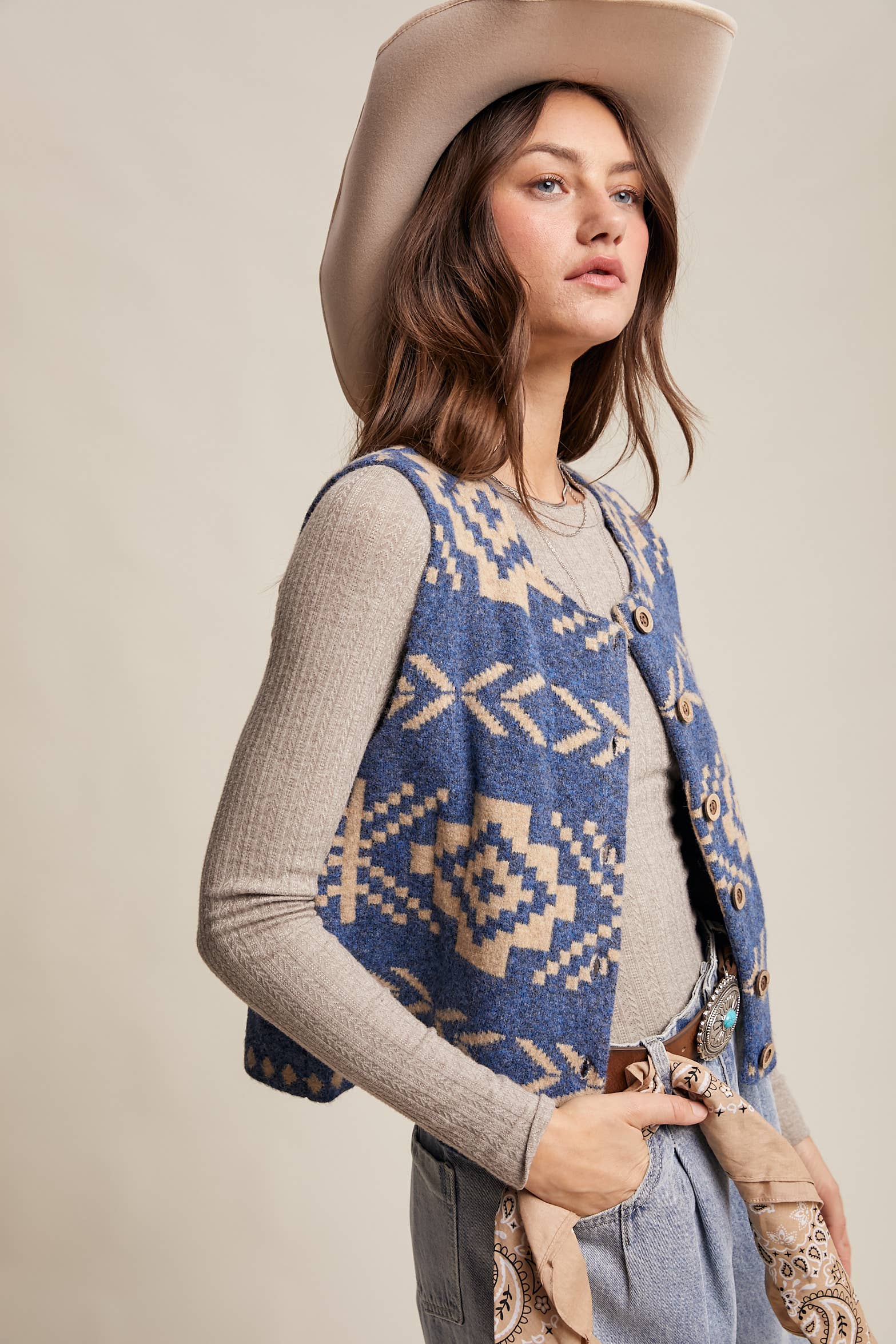 Listicle - Wholesale Sweater Vest - Women's - Southwestern Button-Up Vest LSW09774