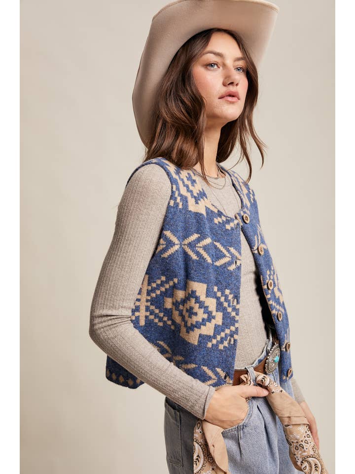Listicle - Wholesale Sweater Vest - Women's - Southwestern Button-Up Vest LSW09774