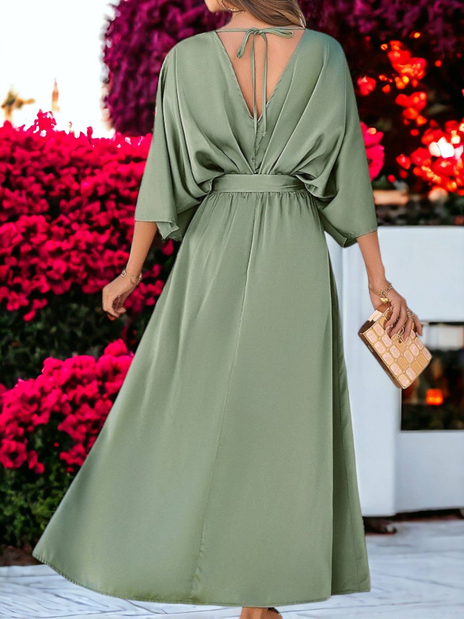 Anna Kaci Wholesale - Wholesale Dress - Women's - Elegant V-Neck High Waisted Tie Loose Long Split Maxi Dress8