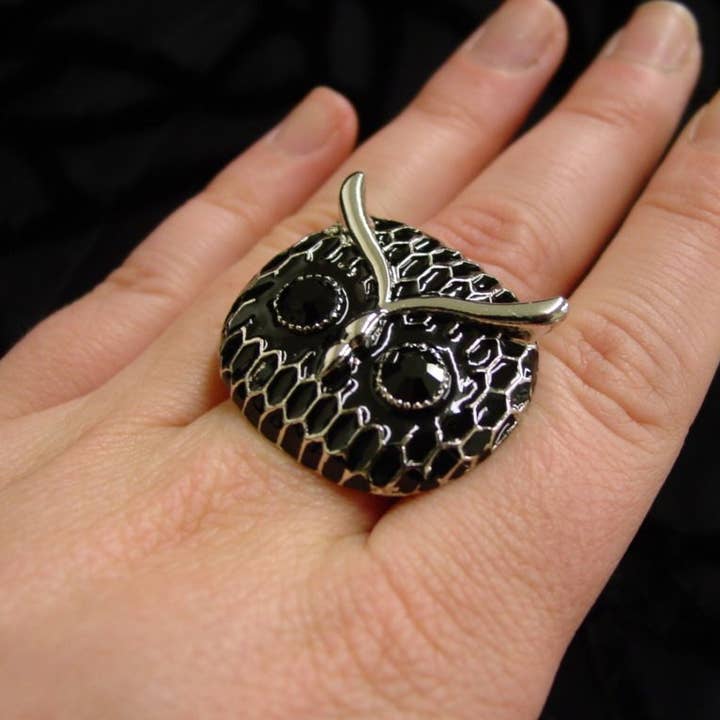 Western Fashion - Wholesale Cocktail/Statement Ring - Owl stretch Ring, BLK