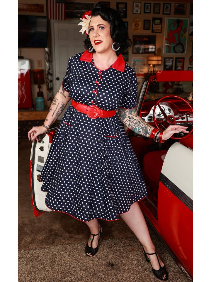 Dolly & Dotty - Wholesale Dress - Women's - Penelope Rockabilly Blue Polka Dot Shirt Dress